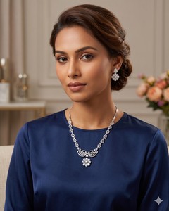 ชุดเครื่องประดับแฟชั่นสีเงินพรีเมียม ADJewelry ชุดสร้อยคอจี้รูปดอกไม้และต่างหูแบบติดหูเข้าชุด ชุดเครื่องประดับเจ้าสาวงานแต่งงานสุดหรู - Product Image 6