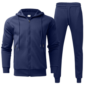 Men's Navy <b>Hooded</b> Tracksuit Set Full <b>Zip</b> Jogger Pants Solid Color Casual Sportswear Breathable Polyester Regular Fit Autumn Wear - Product Image 1