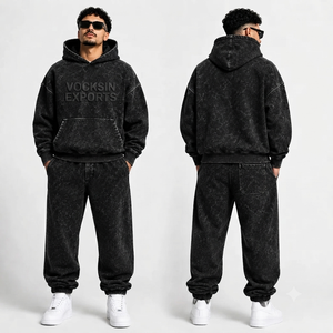 Ensemble de survêtement streetwear pour homme en molleton épais noir délavé à l'acide, coupe oversize, avec sweat à capuche et pantalon de jogging, OEM ODM, vente en gros - Product Image 1
