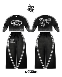 Ensemble haut court à manches superposées et pantalon large noir Cash Drip Status |   Ensemble streetwear surdimensionné, fabricant OEM de marques privées - Product Image 1