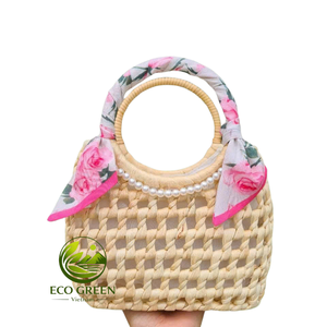 Bolso de Mano Personalizado Hecho a Mano con Asa de Ratán, Decoración Floral y Borlas, Bolso de Paja Tejida Natural para Mujer, Venta al Por Mayor - Product Image 1