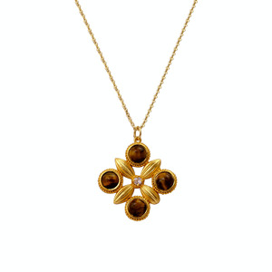 Tiger Eye Round Cabochon Gemstone in 18K Gold Plated Brass Pendant <b>Necklace</b> Bohemian Style Clover Shape <b>Statement</b> Jewelry - Product Image 1