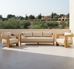 Woodgrad Living Modern Minimalist Camilla Teak Outdoor <b>Sofa</b> <b>Set</b> Weatherproof Fabric Anti-Rust Coating Stylish Patio Garden - Product Image 1