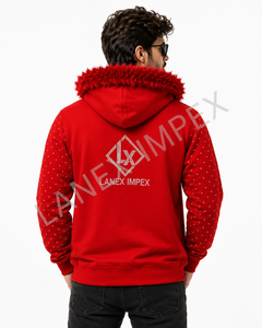 เสื้อแจ็คเก็ตมีฮู้ดประดับเพชรพลอยสีแดงสำหรับผู้ชาย พร้อมฮู้ดขนเฟอร์เทียม แขนเสื้อประดับหมุดและกระเป๋า ซิปยาวเต็มตัว เสื้อสเวตเชิ้ตแฟชั่นสตรีทแวร์ - Product Image 4