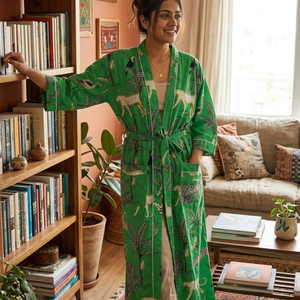 Bata Kimono de Algodón con Estampado de Selva Verde para Mujer, Larga, de Manga Larga, Ropa de Dormir Cómoda, Bata de Estar por Casa - Product Image 3