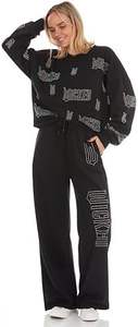 Wicked <b>Women</b>’s, Ladies & Juniors <b>Black</b> 2-Piece Cropped Sweatshirt & Wide-Leg Jogger <b>Set</b> with Iridescent Rhinestones - Product Image 2