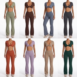 Women's High Waist <b>Flared</b> <b>Leggings</b> Breathable Seamless Spandex Fabric Deep V Neck Twist <b>Yoga</b> Workout Outfit - Product Image 6