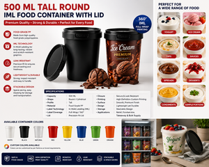 ภาชนะพลาสติก IML ขนาด 500 มล. ทรงกลม เกรดสำหรับอาหาร พร้อมฝาปิด โปร่งใส มีสีขาวและสีดำให้เลือก สำหรับบรรจุภัณฑ์นม - Product Image 4
