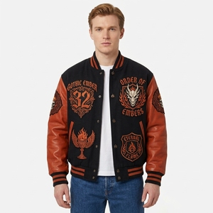 Veste universitaire classique bleu marine et beige crème, authentique, en laine, avec col polo, patchs lettres en chenille et clous, style décontracté - Product Image 3