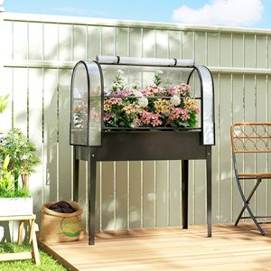 Fioriera Rialzata in Metallo Nero con Copertura a Serra Ribaltabile, Gambe e Foro di Drenaggio - Giardino Artificiale Facile da Usare - Product Image 2