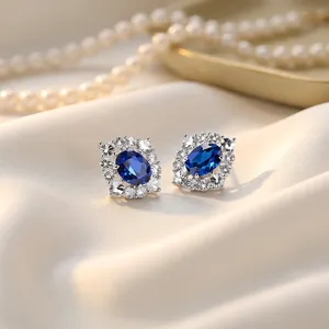 Boucles d'oreilles clous ovales en argent sterling S925 avec saphir, plaquées rhodium, géométriques, en saphir de laboratoire, motif floral pour femme - Product Image 3
