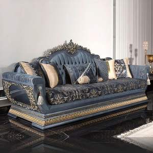 Juego de Sofás Seccionales de Madera Tallada Clásica Azul de Lujo, Muebles Ecológicos, Duraderos y Elegantes para Sala de Estar, Estilo Post Ranch Inn - Product Image 1