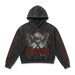 <b>Men</b>’s Washed Black Cropped Hoodie Gothic Angel DTG Print Oversized Streetwear <b>Pullover</b> Vintage Y2K Long Sleeve Custom Hoodies - Product Image 3