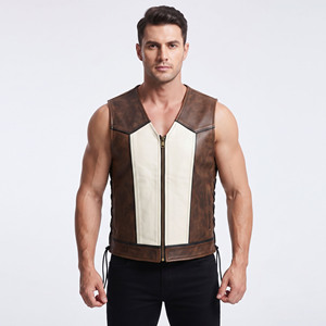 Chaleco de cuero para hombre con cremallera, chaleco de cuero con cordones laterales para hombre, chaleco de cuero con cuello en V para hombre, chaleco de cuero con bolsillos laterales con cremallera para hombre - Product Image 1