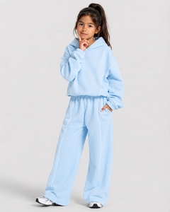 Sweat-shirt à capuche décontracté surdimensionné pour filles, personnalisé, bleu ciel avec ligne contrastante, en polaire premium, pour enfants, OEM - Product Image 5