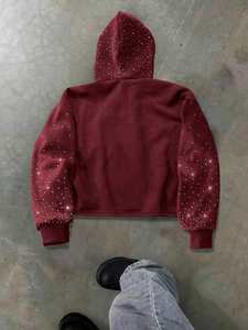 Sweat-shirt à capuche pour femme en polaire, coupe courte, avec manches à strass bordeaux, style streetwear décontracté, haut d'hiver - Product Image 2