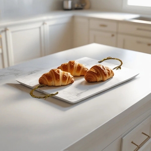 ถาดเสิร์ฟลายหินอ่อนดีไซน์ใหม่ ดีไซน์ทันสมัยทรงสี่เหลี่ยมผืนผ้า ขอบมือจับสีทอง เหมาะสำหรับตกแต่งในช่วงรอมฎอน - Product Image 6