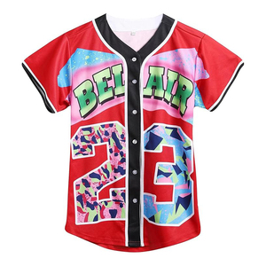 Camiseta de Béisbol Bel Air Roja de Manga Corta con Estampado Sublimado, Transpirable, Unisex, para Adultos, Cuello en V, Cierre de Botones - Product Image 1