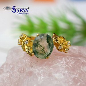 Bague plaquée or pour femme avec pierre précieuse en agate mousse naturelle, design végétal vintage, sertissage à griffes, pour usage quotidien - Product Image 2