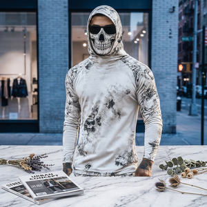 Men's Hooded Long Sleeve <b>Skull</b> Print Sun Protection Shirt UPF50+ Full Length Performance Fishing Apparel - Product Image 4