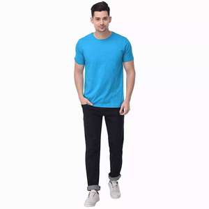 T-shirt décontracté uni pour homme, logo sur le devant, col rond, manches courtes, coupe classique, toucher doux, 100% laine mérinos - Product Image 1