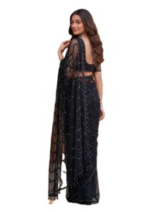 Sari indio tradicional de diseño, negro, con blusa de red, elegante y moderno, para fiestas, de secado rápido, para mujer, de verano. - Product Image 4