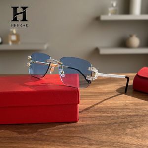 Luxury Rimless Rectangle <b>Sunglasses</b> Men Women Full Diamond Baguette Iced Out Temples Gradient <b>Blue</b> <b>Lens</b> Eyewear - Product Image 4