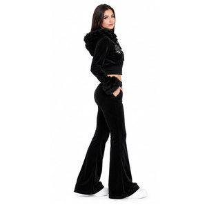 Perfecta Wings Black Velvet 2 Piece Set Crop <b>Hoodie</b> With Fur Trim Flared Pants Embroidery Logo Women's Fashion Outfit - Product Image 2