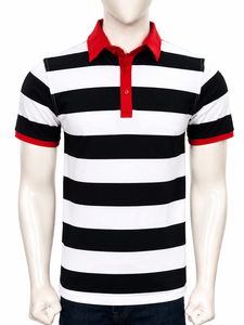 Chemise décontractée pour homme en polyester rayé à manches courtes, col rouge, motif noir et blanc, séchage rapide, coupe classique - Product Image 1