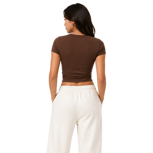 Slim Fit <b>Coffee</b> Brown Crop Top Short Sleeve Crewneck Workout Baby Tee Skinny Elastic Gym Clothing Sportswear Women's Shirts OEM - Product Image 2