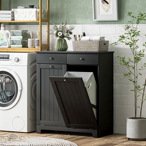 Moderno Mobile Portabiancheria Nero per Bagno e Cucina, Ecologico, con 2 Cestelli Ribaltabili e 2 Cassetti - Product Image 2