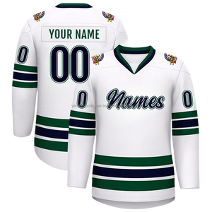 Maillot de hockey blanc, vert et noir, uniforme d'équipe personnalisé, sublimé, col en V, manches longues, numéro de joueur, nom, logo, maquette - Product Image 3