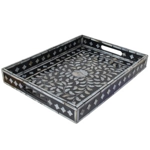 Plateau de service artisanal en nacre noire et blanche, incrusté de coquillages, plateau décoratif pour la maison, l'hôtel, le restaurant - Product Image 1