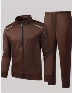 Survêtement marron pour homme, coupe droite, couleur unie, col montant, fermeture éclair, décontracté, automne, polyester, poches latérales - Product Image 4