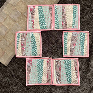 <b>Beautiful</b> Charming Square Fabric Coasters Featuring Vibrant Floral Block-print Patterns Set Inside Dark Wooden Frames For Home - Product Image 4
