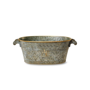 Antique Galvanized Zinc Oval Beverage Tub With Vintage Cast Handles Gold Rim Trim Rustic Garden Party For Wine Drinks - Product Image 1