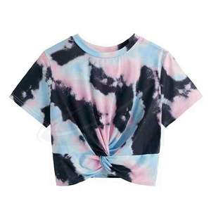 Top Corto Tie Dye para Mujer, Cuello Redondo, Manga Corta, Corte Holgado, Tejido Informal, 100% Algodón, Transpirable, Estilo Primavera-Verano - Product Image 1