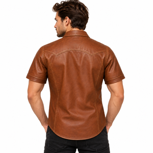 Men Brown Leather Western <b>Shirt</b> Short Sleeve Classic Point Collar Snap Button Front Two Flap Chest Pockets Vintage <b>Cowboy</b> Casual - Product Image 4