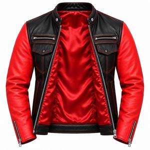Veste de moto en cuir PU pour homme, noire et rouge, à col montant et fermeture éclair, style motard - Product Image 4