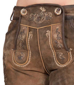 Men's Brown Embroidered Lederhosen Shorts High Waist Casual Short Shorts With Floral Design Hand Embroidery Detailing - Product Image 3
