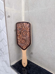 Handmade Hand Tooled Leather Wooden Hair <b>Brush</b> Carved Floral Design <b>Scalp</b> Massage Manual Use Rectangular Shape Deepika Exports - Product Image 1