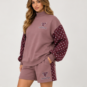 Conjunto de 2 Piezas para Mujer, Color Malva Empolvado, Mangas con Estampado de Lunares, Cuello Simulado, Shorts, Ropa Deportiva Casual Personalizada - Product Image 3