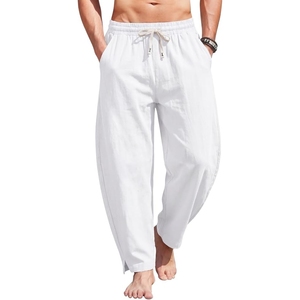 Men's Cotton Linen Ankle <b>Pants</b>, <b>Summer</b> Casual Loose Fit Beach Trousers with Elastic Waist Drawstring & Deep Pockets - Product Image 1