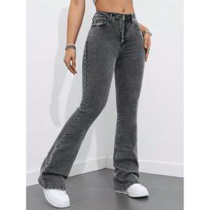 Jean vintage gris taille haute pour femme, coupe évasée, en denim, écologique, durable, extensible, jambe large, décontracté, tendance - Product Image 4
