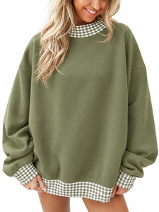 Women's Oversized Mint Green Sweatshirt With Gingham Trim Mockneck <b>Long</b> <b>Sleeve</b> Loose Fit Pullover <b>Top</b> Spring Casual Wear - Product Image 3