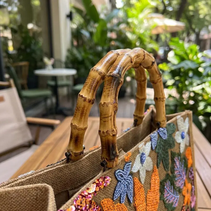 Floral <b>Sequin</b> Embroidered Linen Tote Bag | Natural Bamboo Handle Tote Bags by whimsy <b>Art</b> Craft - Product Image 2
