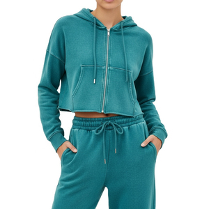 เสื้อฮู้ดครอปแขนยาวซิปหน้าผ้าฟอกสีคุณภาพสูงสำหรับฤดูหนาว กางเกงขายาวรูดเชือก สไตล์สตรีทลำลองสำหรับผู้หญิง โลโก้สั่งทำได้ ผลิตจากผ้าฝ้าย 100% - Product Image 2