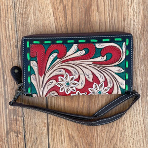 Nueva llegada de cuero tallado a mano tallado embrague muñequera Flor de Color rojo multiusos para mujer multiusos gran oferta billetera - Product Image 2