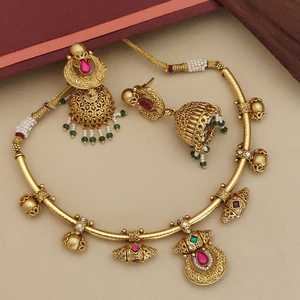 Seaila Exports Stone Kundan Brass Gold Plated Geometric <b>Indian</b> Bridal Jewelry Set Luxury AD Choker Earrings Wedding Festive Gift - Product Image 3