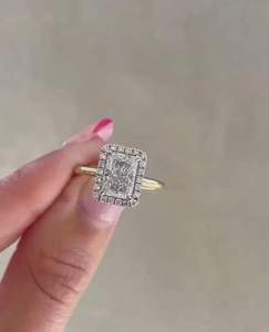 Bague de fiançailles de luxe en or 14K 18K avec diamant de laboratoire taille princesse et halo carré, bijoux de mariage - Product Image 6